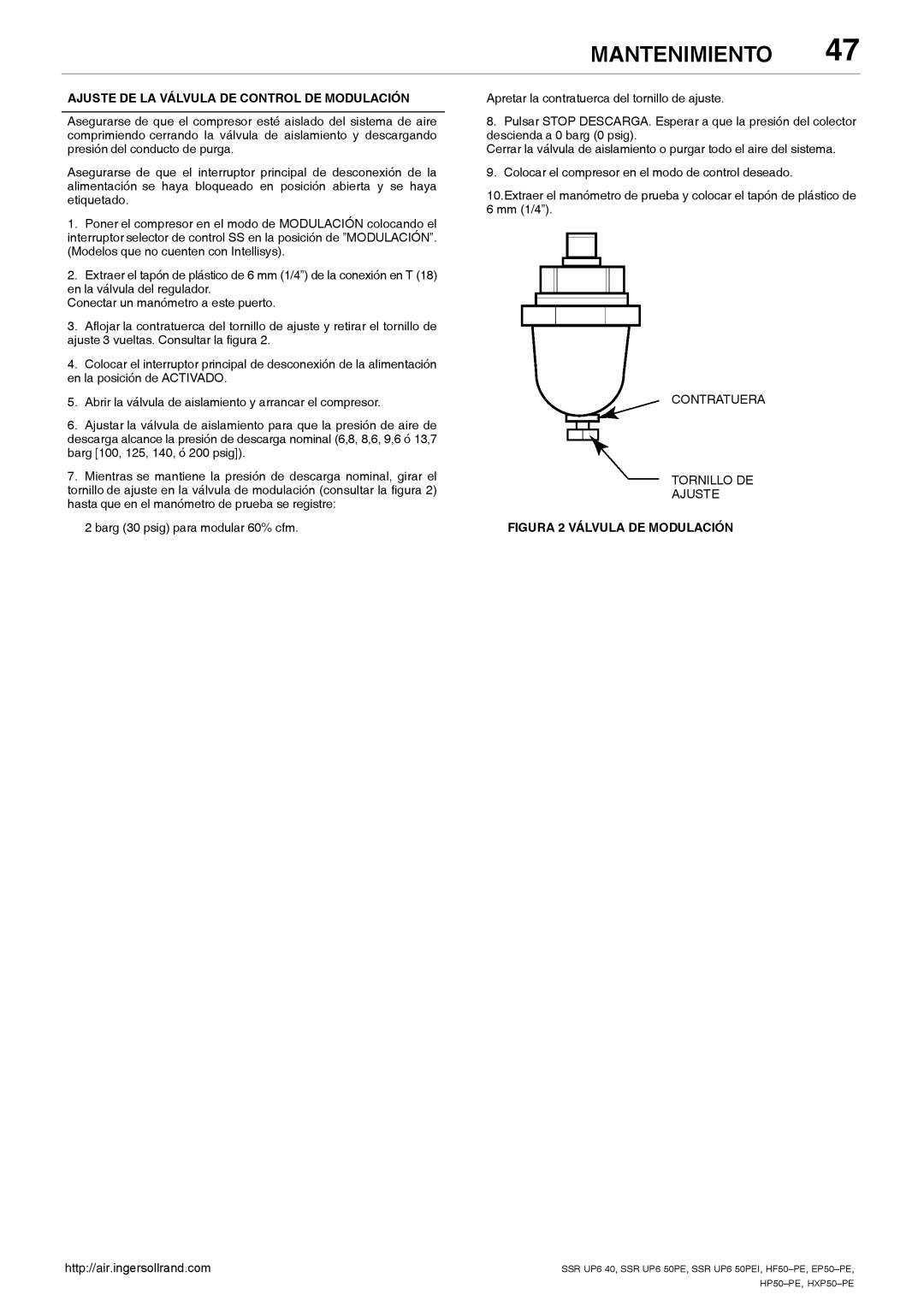 Ingersoll-Rand EP50-PE, SSR UP6 40, HXP50-PE Ajuste DE LA Válvula DE Control DE Modulación, Figura 2 Válvula DE Modulación 