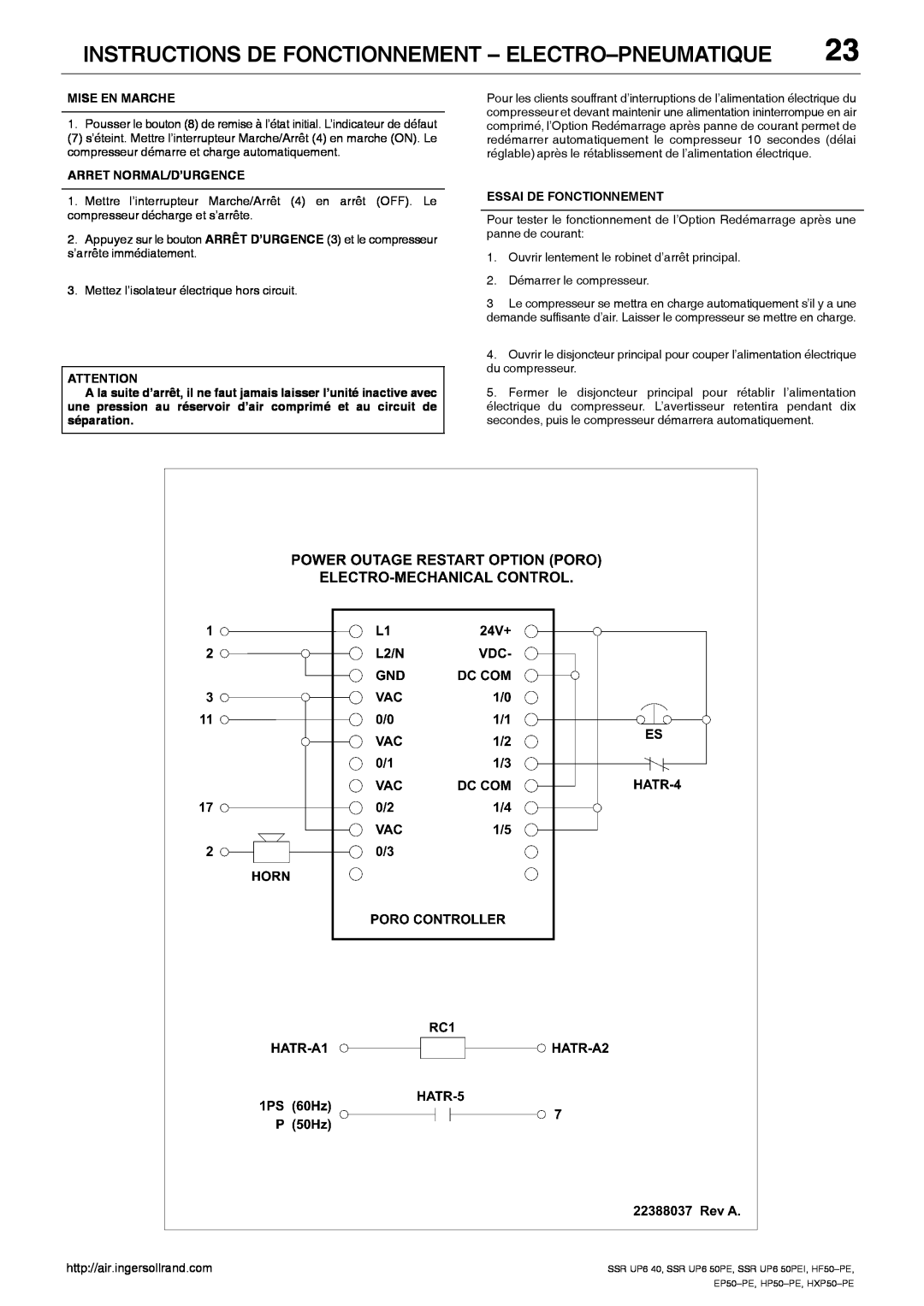 Ingersoll-Rand SSR UP6 50PE Instructions De Fonctionnement - Electro-Pneumatique, Mise En Marche, Arret Normal/D’Urgence 