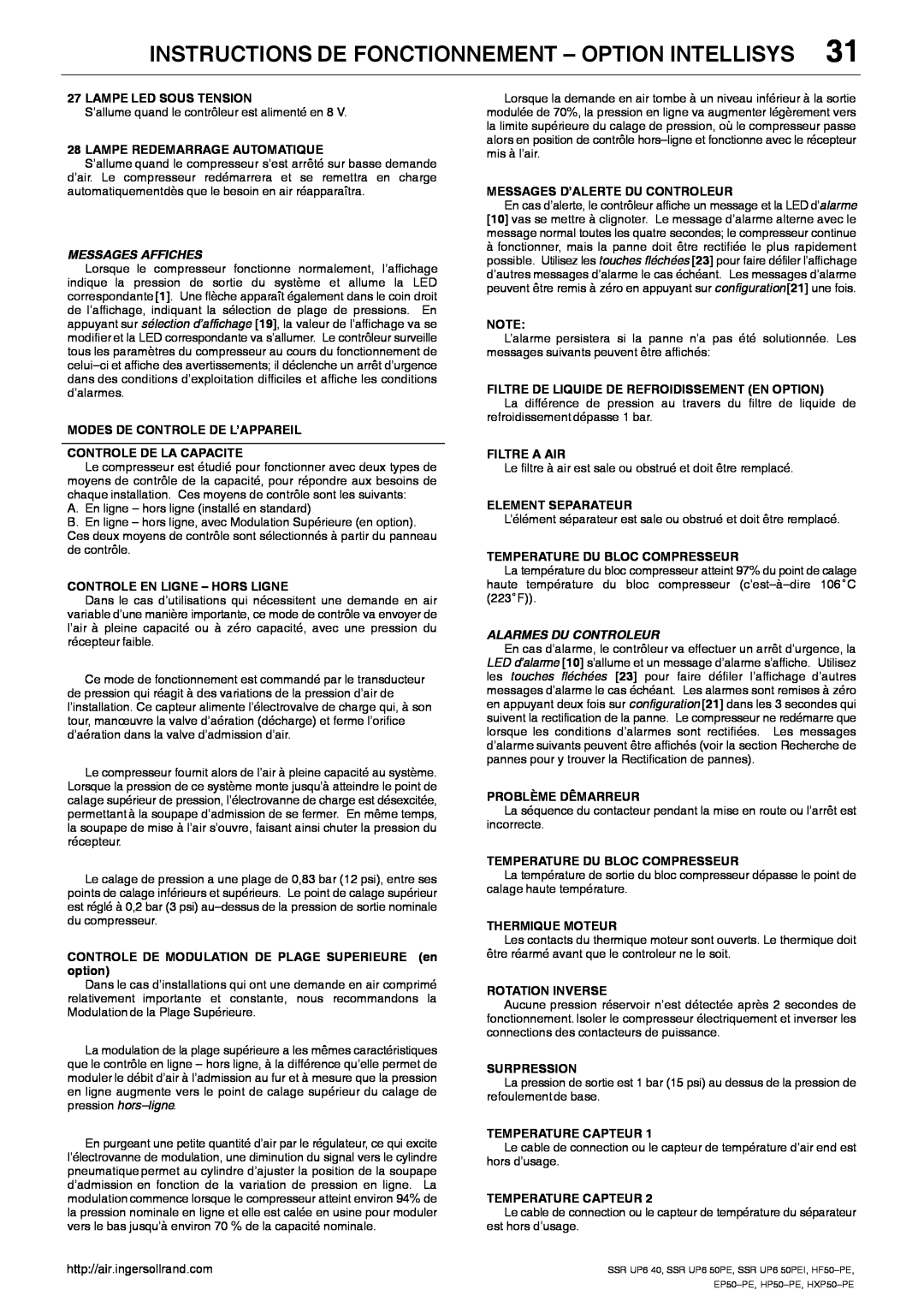 Ingersoll-Rand EP50-PE manual Instructions De Fonctionnement - Option Intellisys, Messages Affiches, Alarmes Du Controleur 