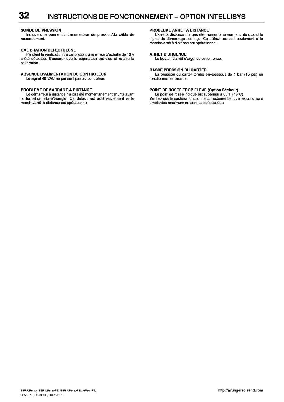 Ingersoll-Rand HXP50-PE, SSR UP6 40, SSR UP6 50PEI HF50-PE, EP50-PE Instructions De Fonctionnement - Option Intellisys 