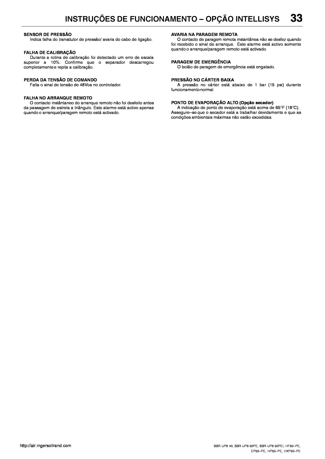Ingersoll-Rand EP50-PE, SSR UP6 40, SSR UP6 50PEI HF50-PE, HXP50-PE manual Instruções De Funcionamento - Opção Intellisys 