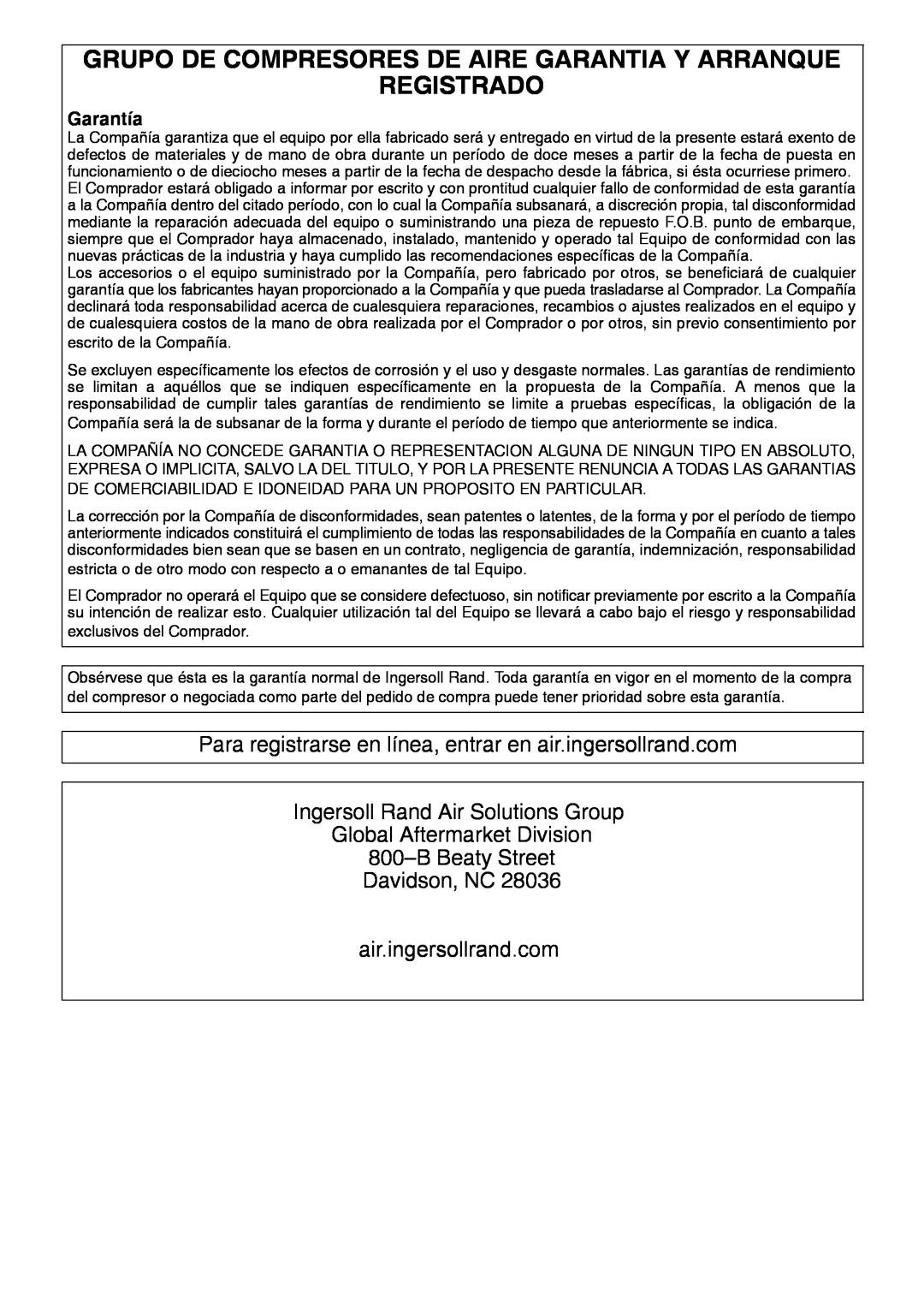 Ingersoll-Rand HXP50-PE manual Grupo De Compresores De Aire Garantia Y Arranque Registrado, air.ingersollrand.com, Garantía 