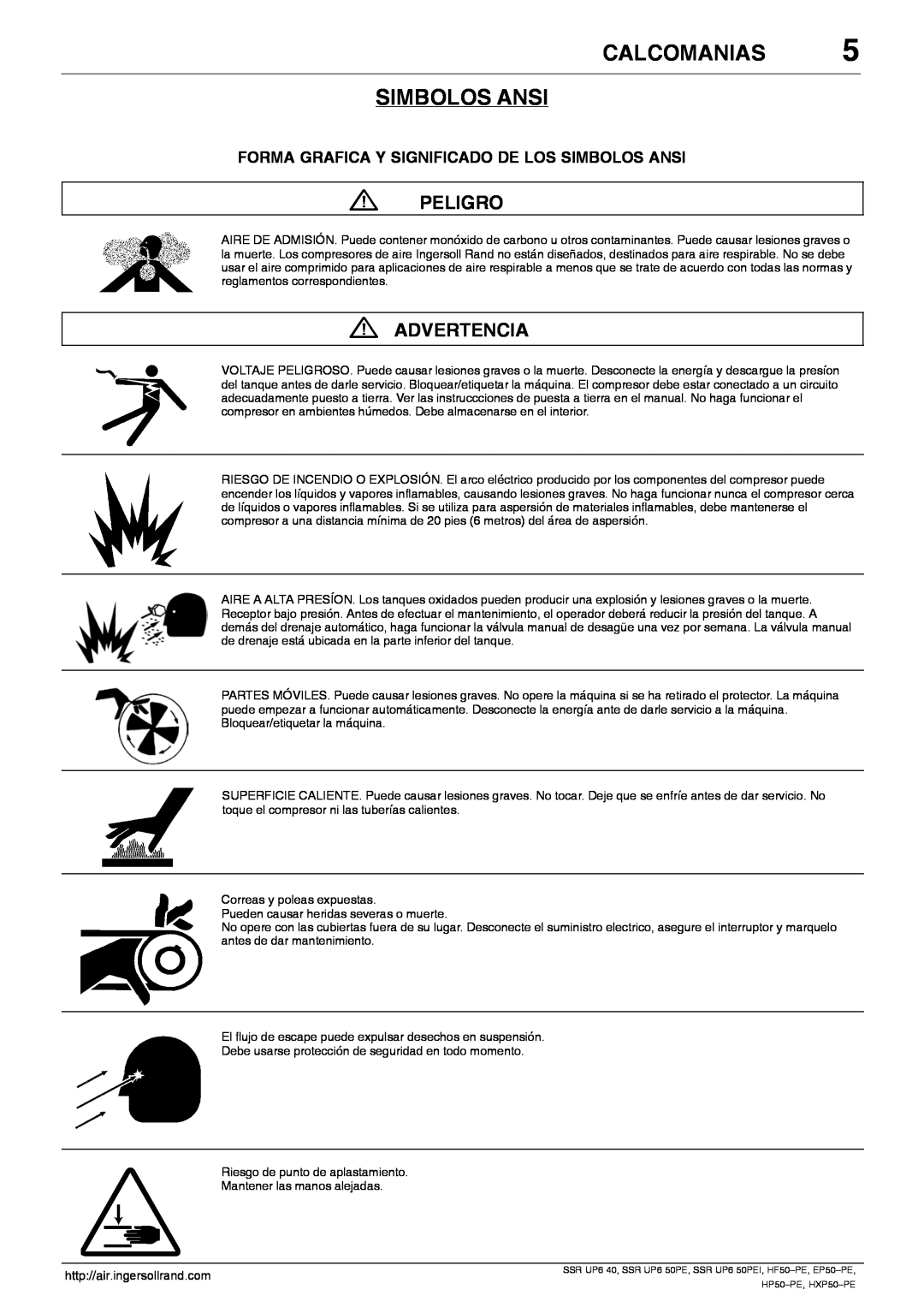 Ingersoll-Rand EP50-PE Calcomanias Simbolos Ansi, Peligro, Advertencia, Forma Grafica Y Significado De Los Simbolos Ansi 