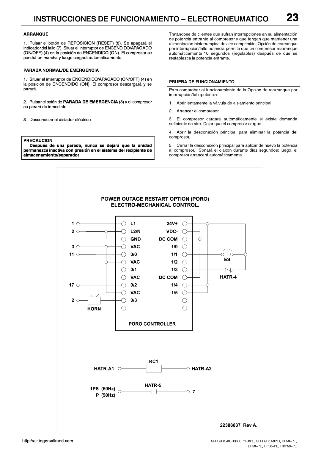 Ingersoll-Rand EP50-PE, SSR UP6 40, SSR UP6 50PEI HF50-PE, HXP50-PE Instrucciones De Funcionamiento - Electroneumatico 