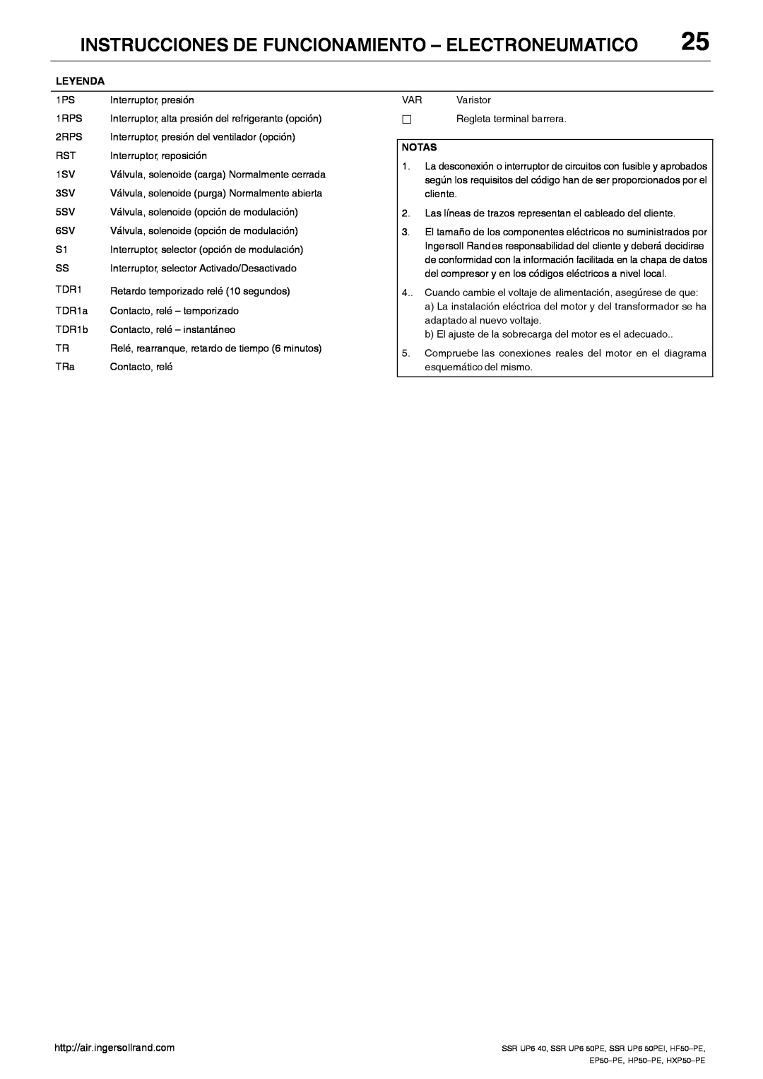 Ingersoll-Rand HP50-PE Instrucciones De Funcionamiento - Electroneumatico, Relé, rearranque, retardo de tiempo 6 minutos 