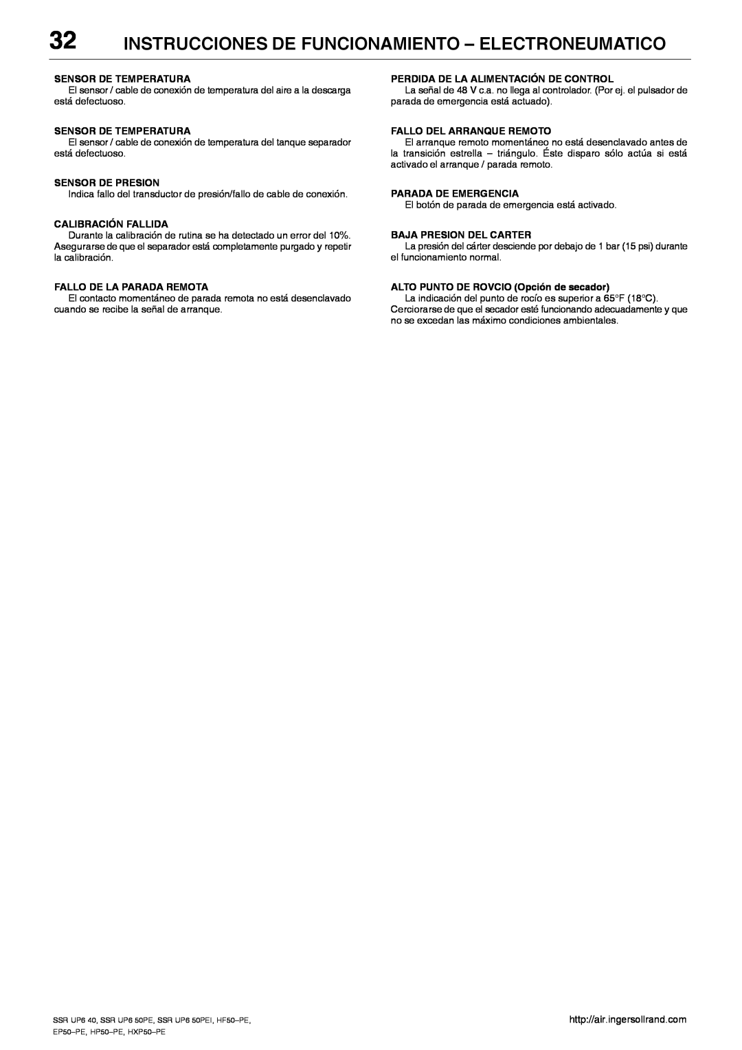 Ingersoll-Rand SSR UP6 40, SSR UP6 50PEI HF50-PE, EP50-PE, HXP50-PE Instrucciones De Funcionamiento - Electroneumatico 