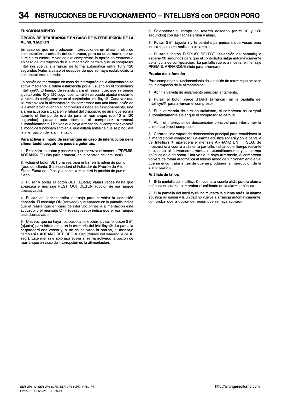 Ingersoll-Rand SSR UP6 50PEI HF50-PE, EP50-PE INSTRUCCIONES DE FUNCIONAMIENTO - INTELLISYS con OPCION PORO, Funcionamiento 