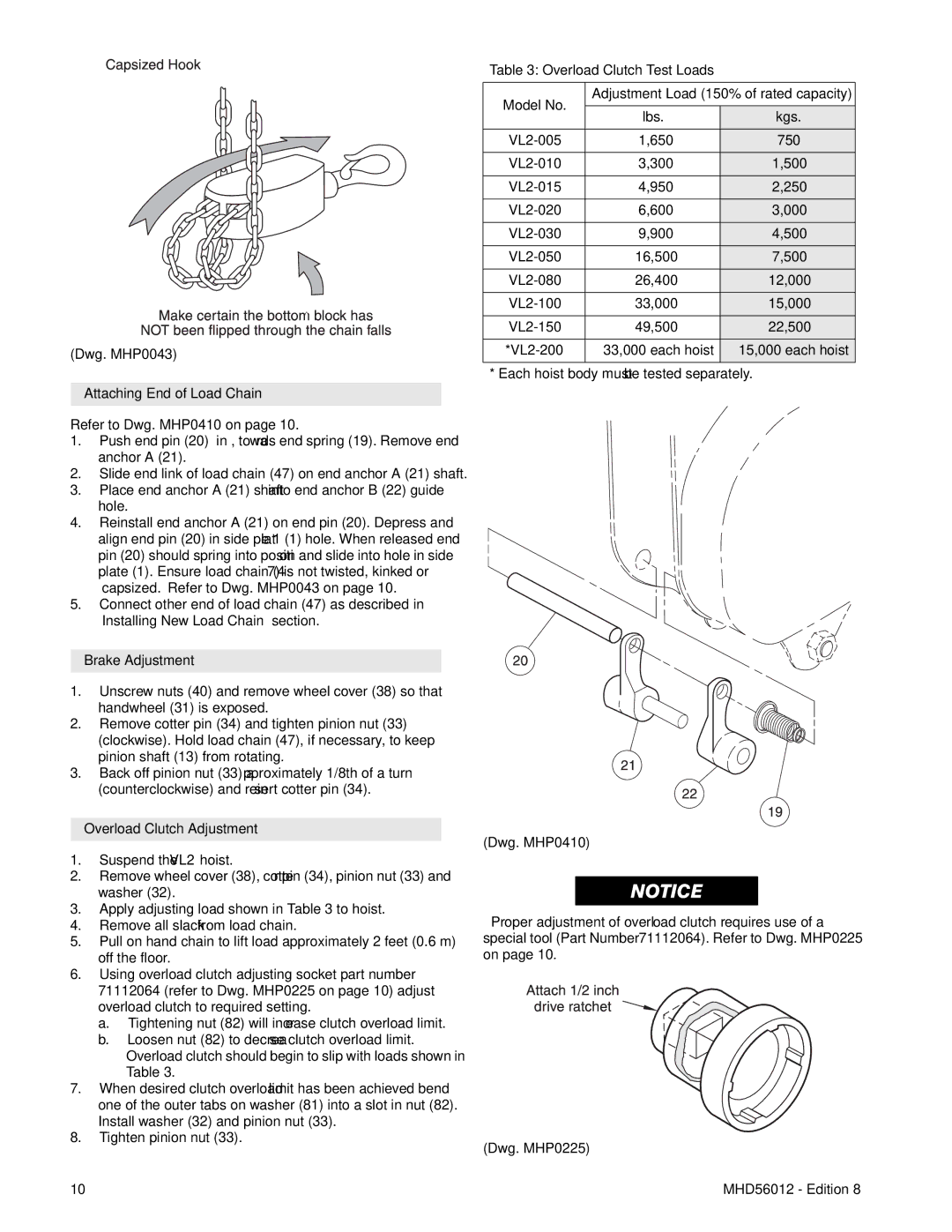 Ingersoll-Rand VL2-150, VL2-200, VL2-050, VL2-080 Attaching End of Load Chain, Brake Adjustment, Overload Clutch Adjustment 