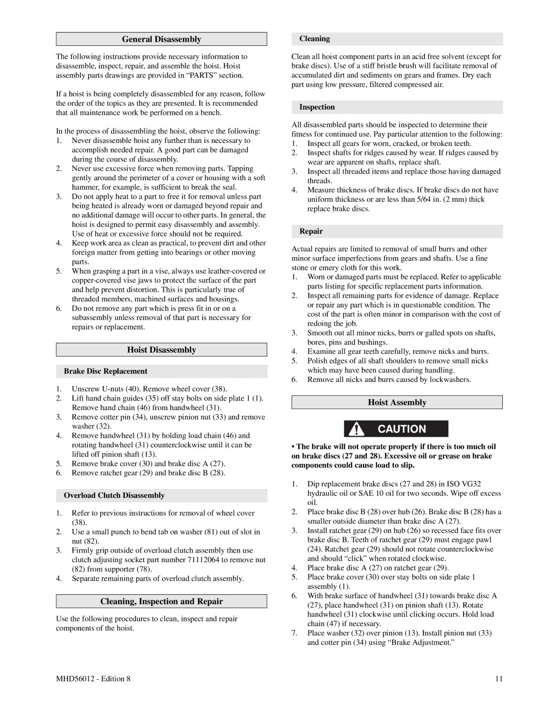 Ingersoll-Rand VL2-200, VL2-150 General Disassembly, Hoist Disassembly, Cleaning, Inspection and Repair, Hoist Assembly 