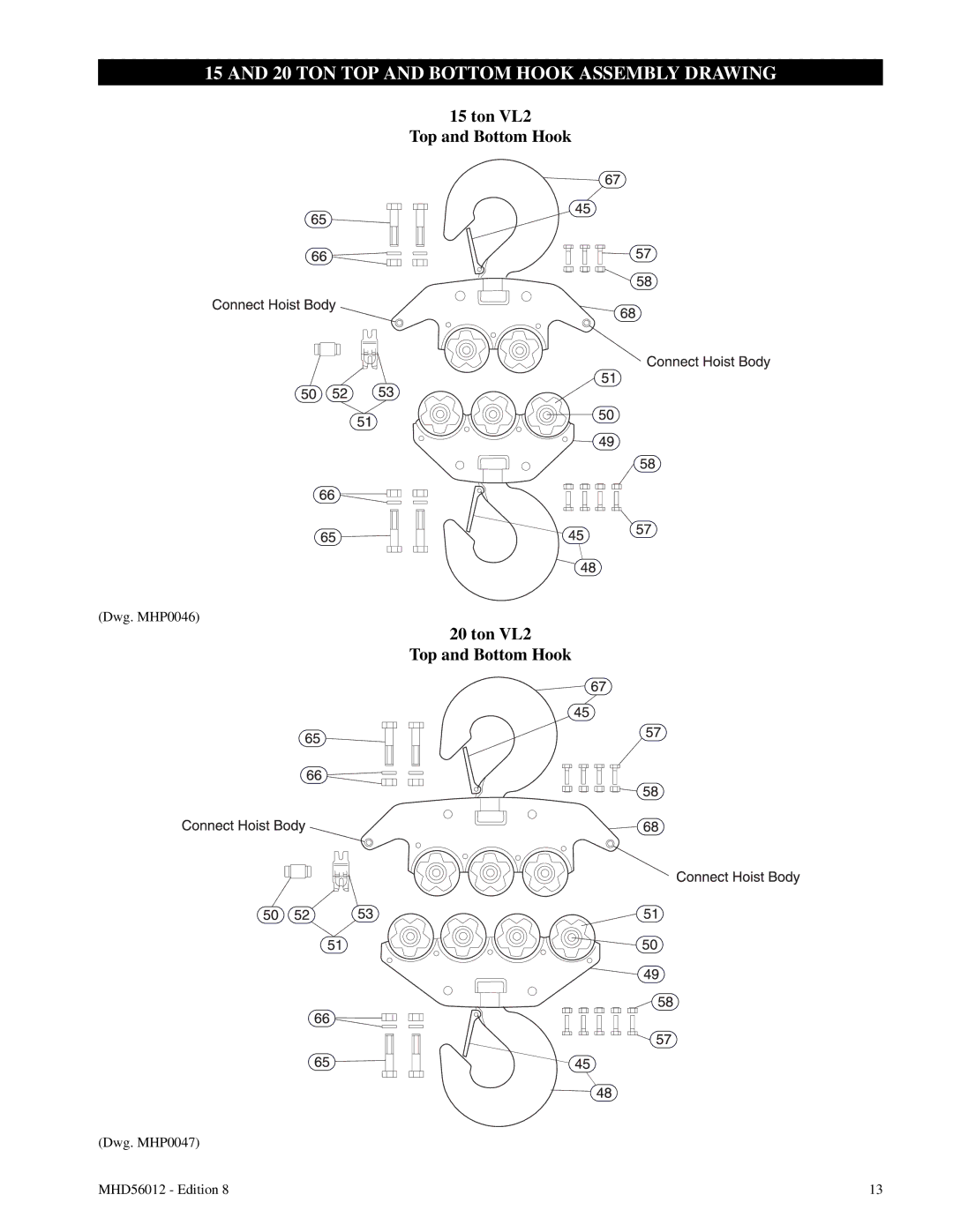 Ingersoll-Rand VL2-080, VL2-150, VL2-200, VL2-050, VL2-030, VL2-020, VL2-010, VL2-015 TON TOP and Bottom Hook Assembly Drawing 