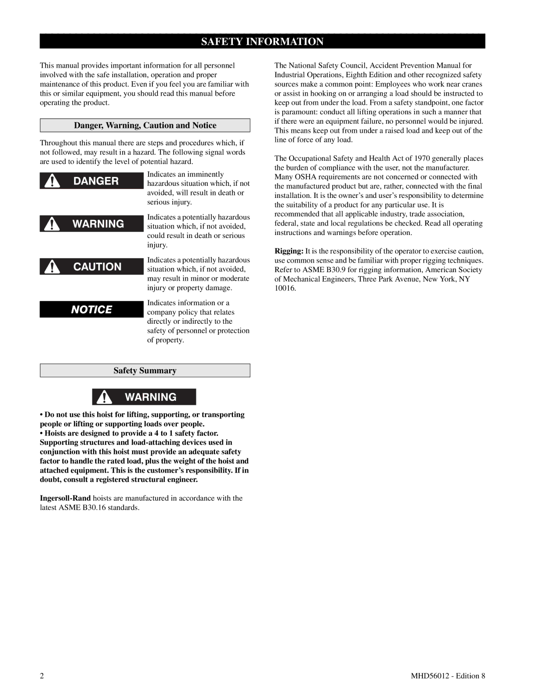 Ingersoll-Rand VL2-050, VL2-150, VL2-200, VL2-080, VL2-030, VL2-020, VL2-010, VL2-015, VL2-005 Safety Information, Safety Summary 