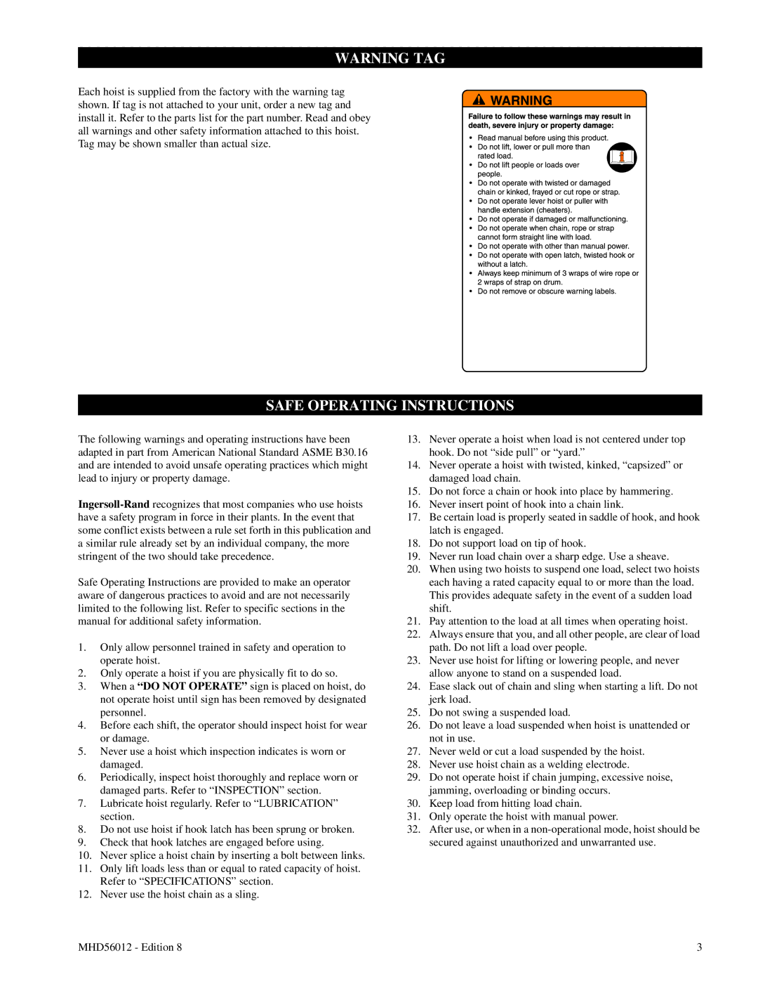 Ingersoll-Rand VL2-080, VL2-150, VL2-200, VL2-050, VL2-030, VL2-020, VL2-010, VL2-015, VL2-005 manual Safe Operating Instructions 