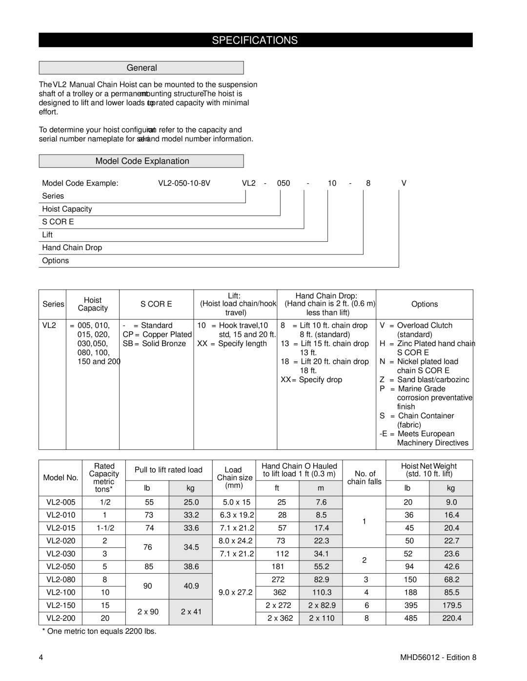 Ingersoll-Rand VL2-030, VL2-150, VL2-200, VL2-050, VL2-080, VL2-020, VL2-010 Specifications, General, Model Code Explanation 