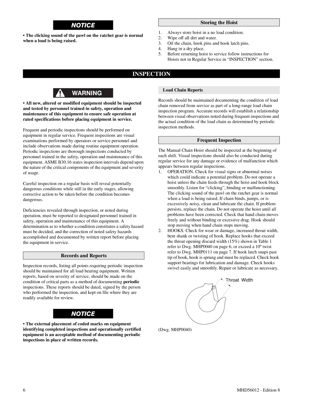 Ingersoll-Rand VL2-010, VL2-150 manual Storing the Hoist, Records and Reports, Frequent Inspection, Load Chain Reports 