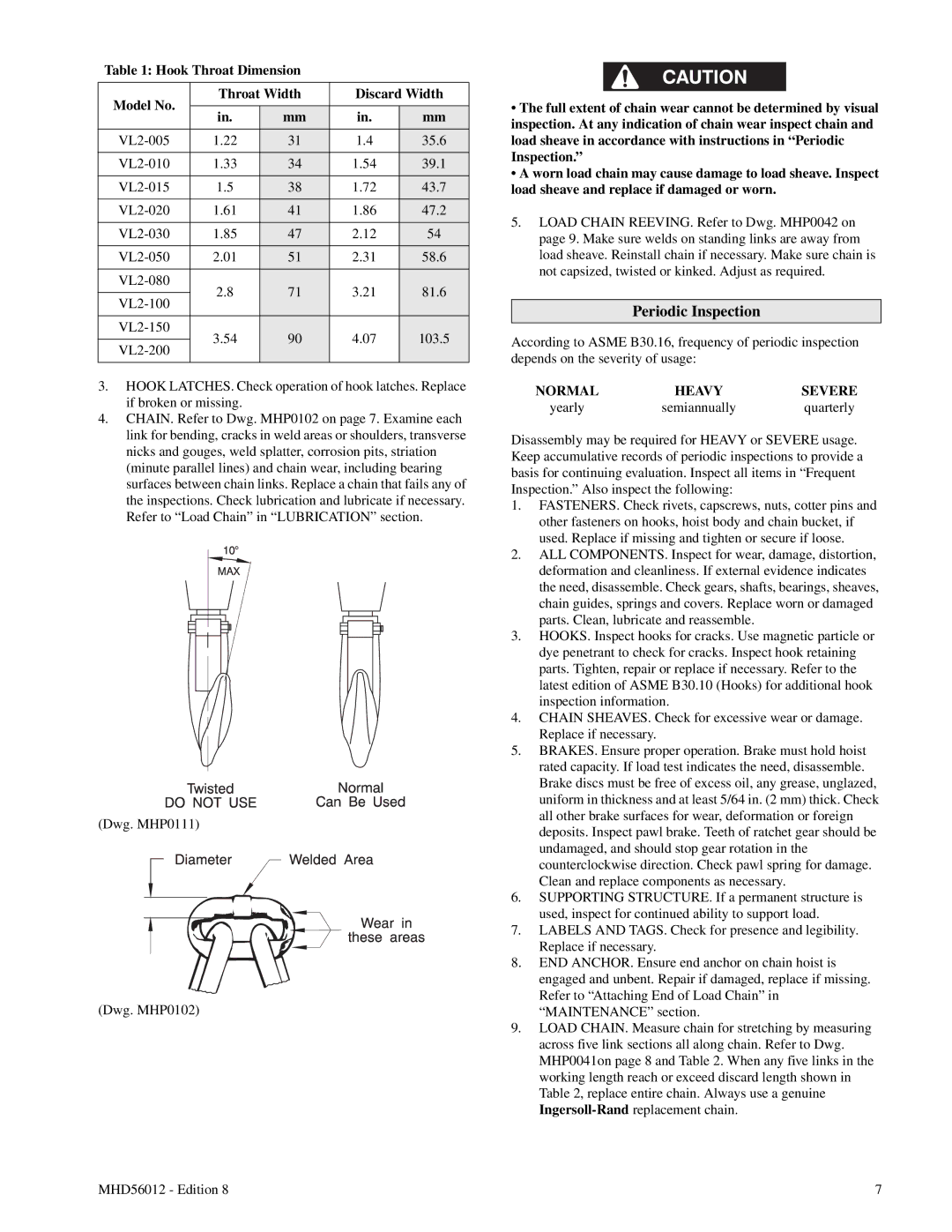 Ingersoll-Rand VL2-015, VL2-150, VL2-200 Periodic Inspection, Hook Throat Dimension Model No Throat Width Discard Width 