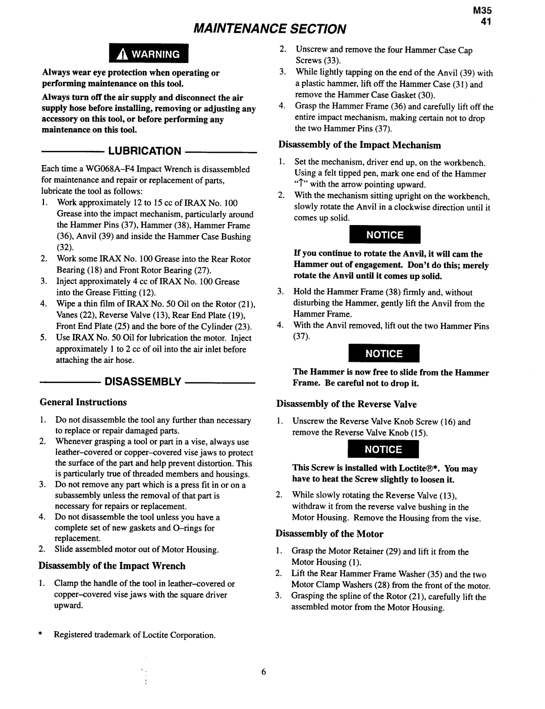 Ingersoll-Rand WG068A-F4 manual Lubrication, Disassembly 