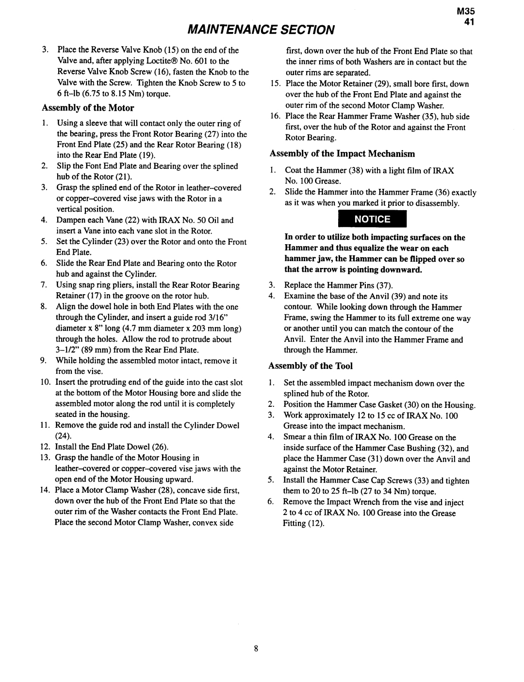 Ingersoll-Rand WG068A-F4 manual Assembly of the Motor, Assembly of the Impact Mechanism, Assembly of the Tool 