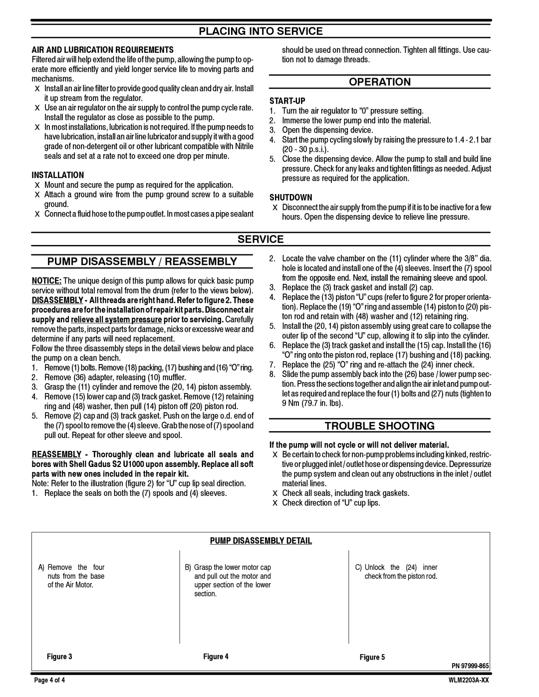 Ingersoll-Rand WLM2203A-X1 Placing Into Service, Operation, Service Pump Disassembly / Reassembly, Trouble Shooting 