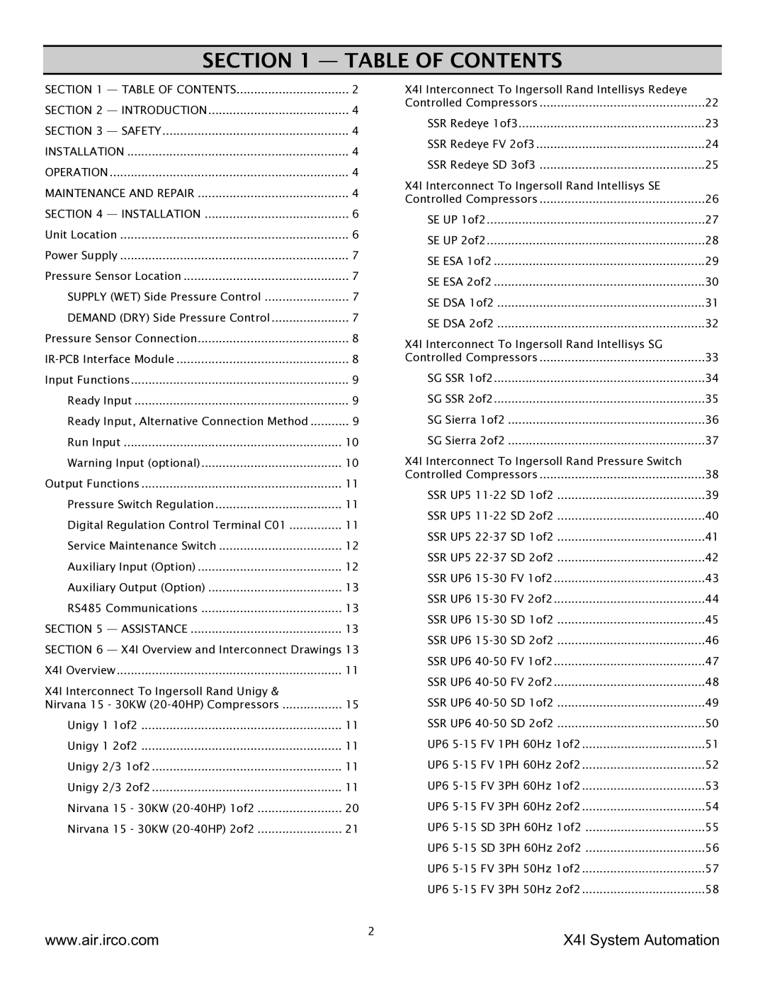 Ingersoll-Rand X41 technical manual Table of Contents 