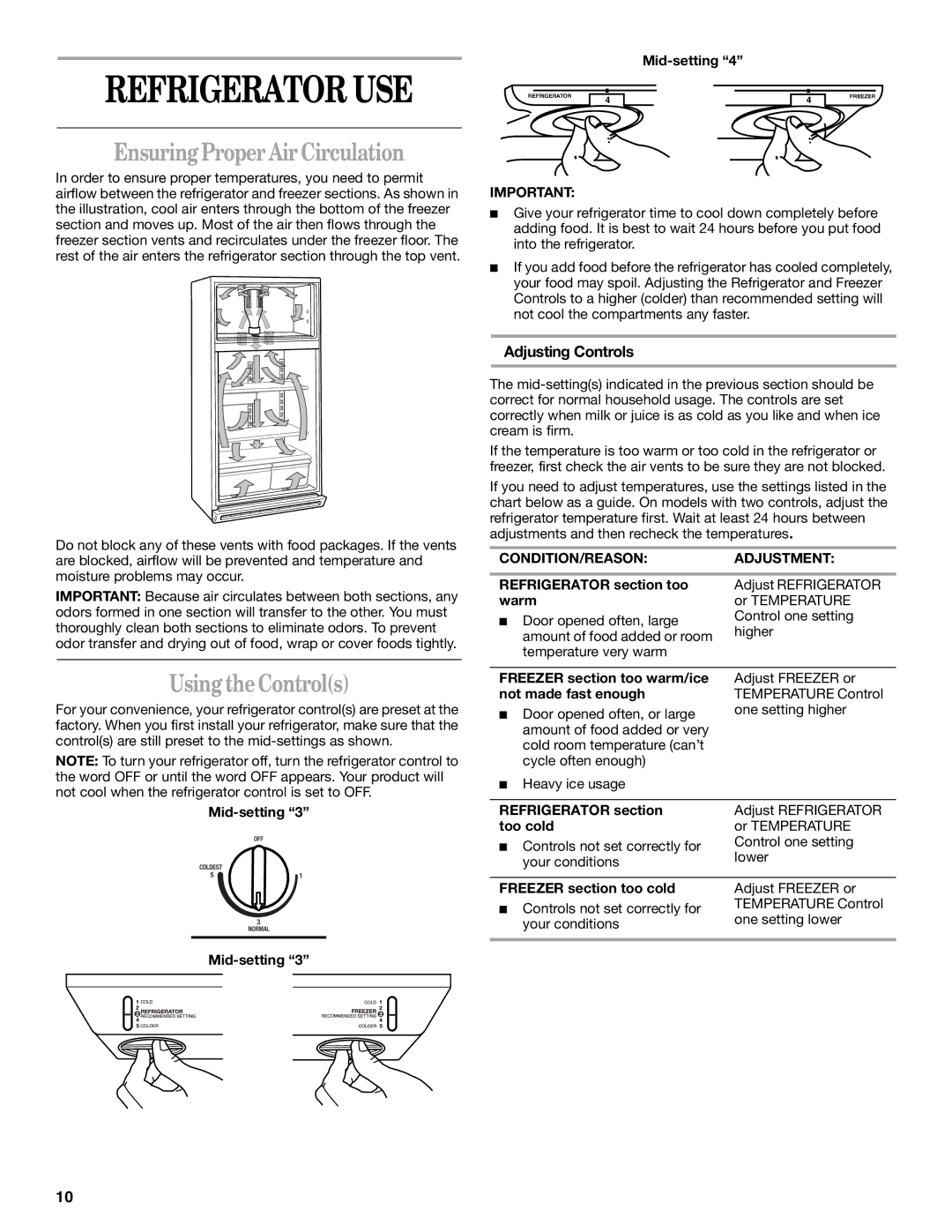 Inglis Home Appliances 2225407 Refrigerator USE, Ensuring Proper Air Circulation, Using the Controls, Adjusting Controls 