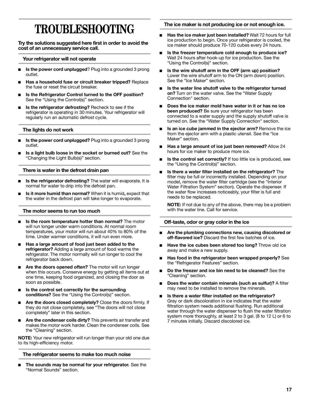 Inglis Home Appliances 2225407 manual Troubleshooting 