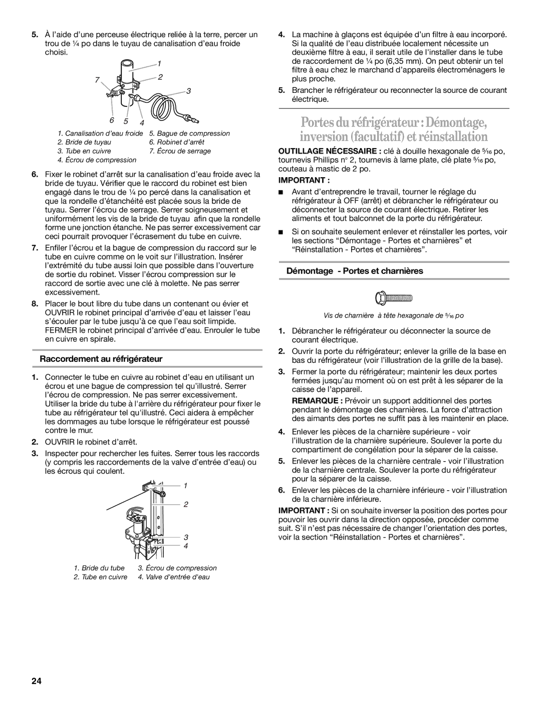 Inglis Home Appliances 2225407 manual Raccordement au réfrigérateur, Démontage Portes et charnières 