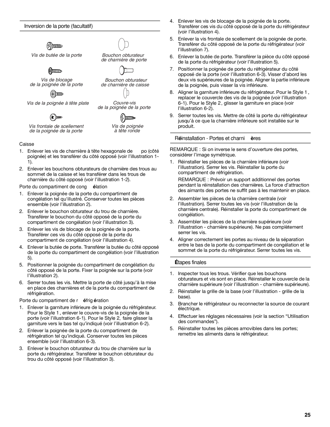 Inglis Home Appliances 2225407 manual Inversion de la porte facultatif, Réinstallation Portes et charnières, Étapes finales 