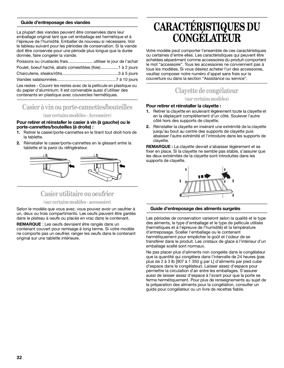 Inglis Home Appliances 2225407 manual Congélateur, Clayette de congélateur, Casier utilitaire ou oeufrier 