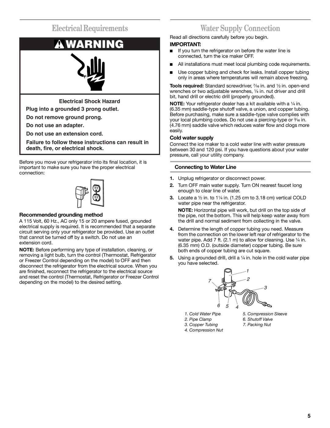 Inglis Home Appliances 2225407 manual Electrical Requirements, Water Supply Connection, Recommended grounding method 