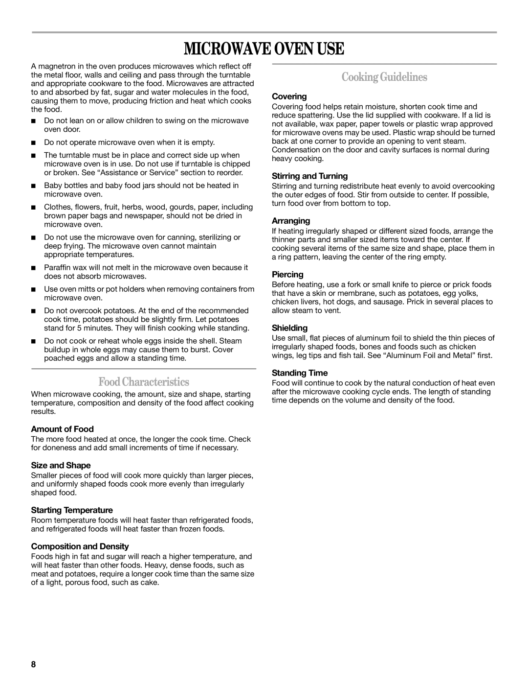 Inglis Home Appliances IOR14XR manual Microwave Oven USE, Cooking Guidelines, Food Characteristics 