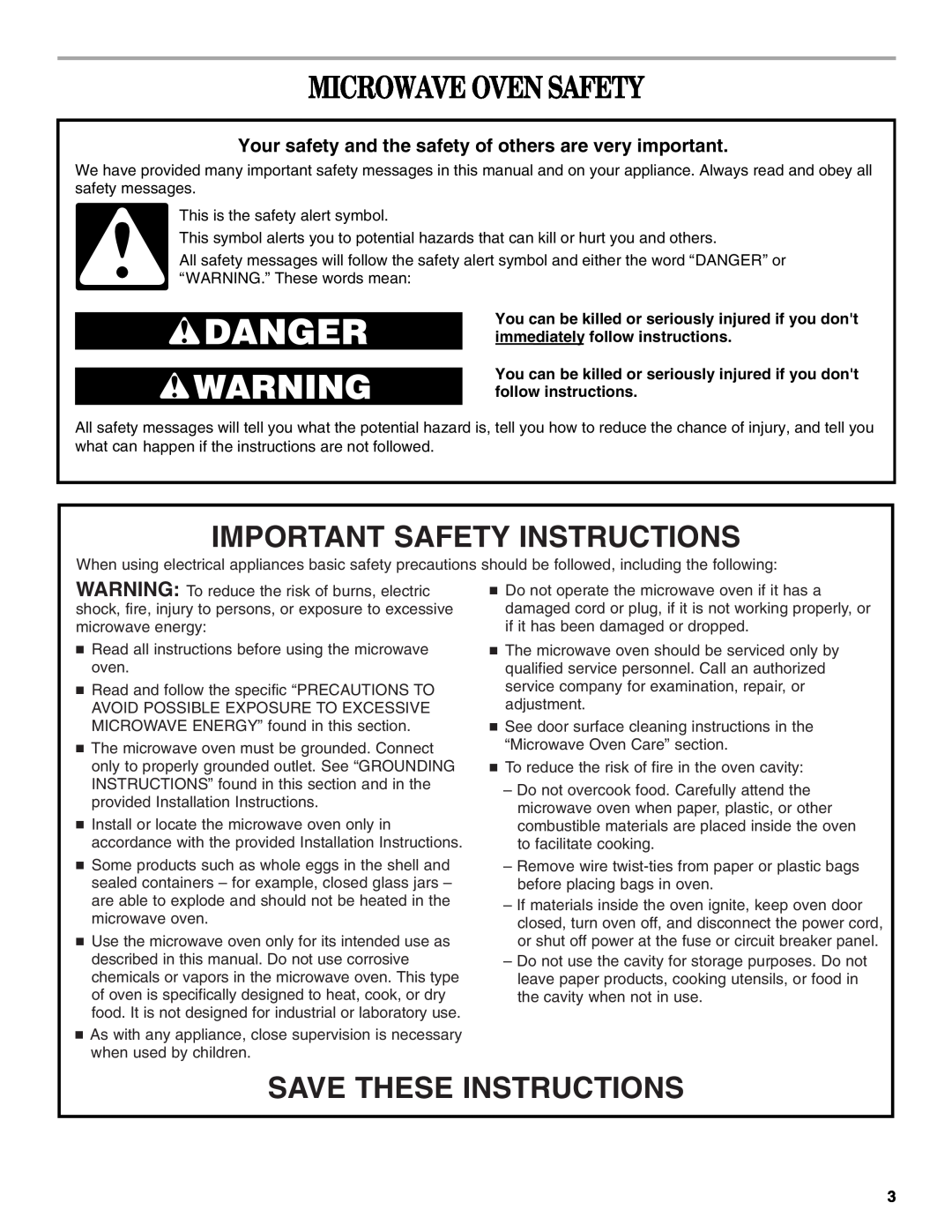 Inglis Home Appliances IOR14XR manual Microwave Oven Safety, Important Safety Instructions, Save These Instructions 