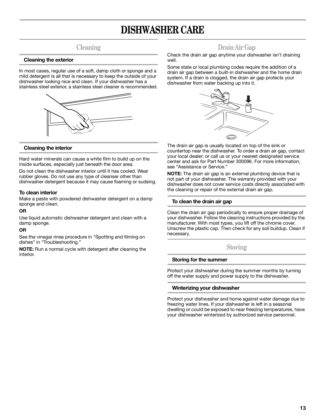 Inglis Home Appliances IRD6750, IRD6710 manual Dishwasher Care, Cleaning, Drain Air Gap, Storing 