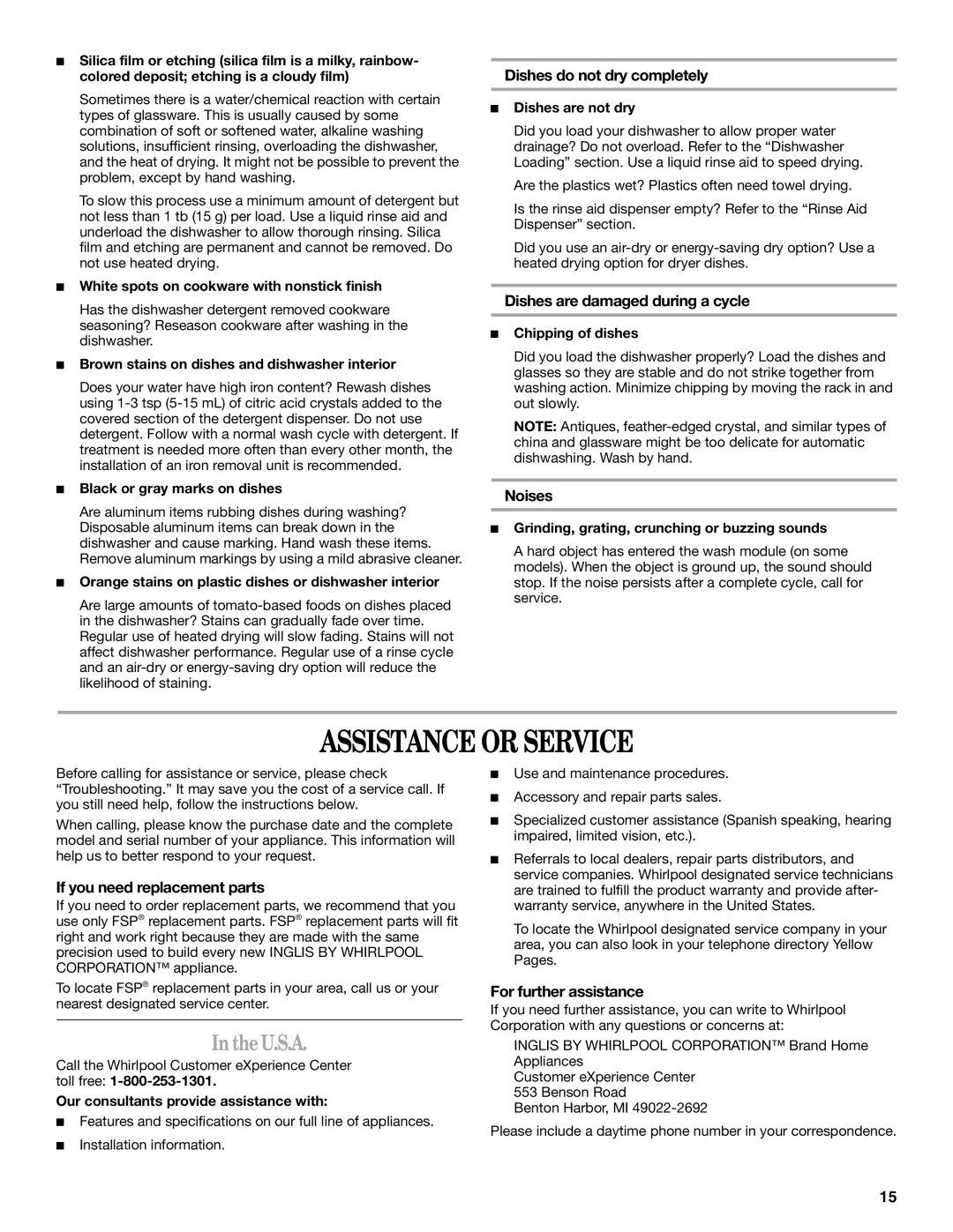 Inglis Home Appliances IRD6750, IRD6710 manual Assistance or Service, TheU.S.A 