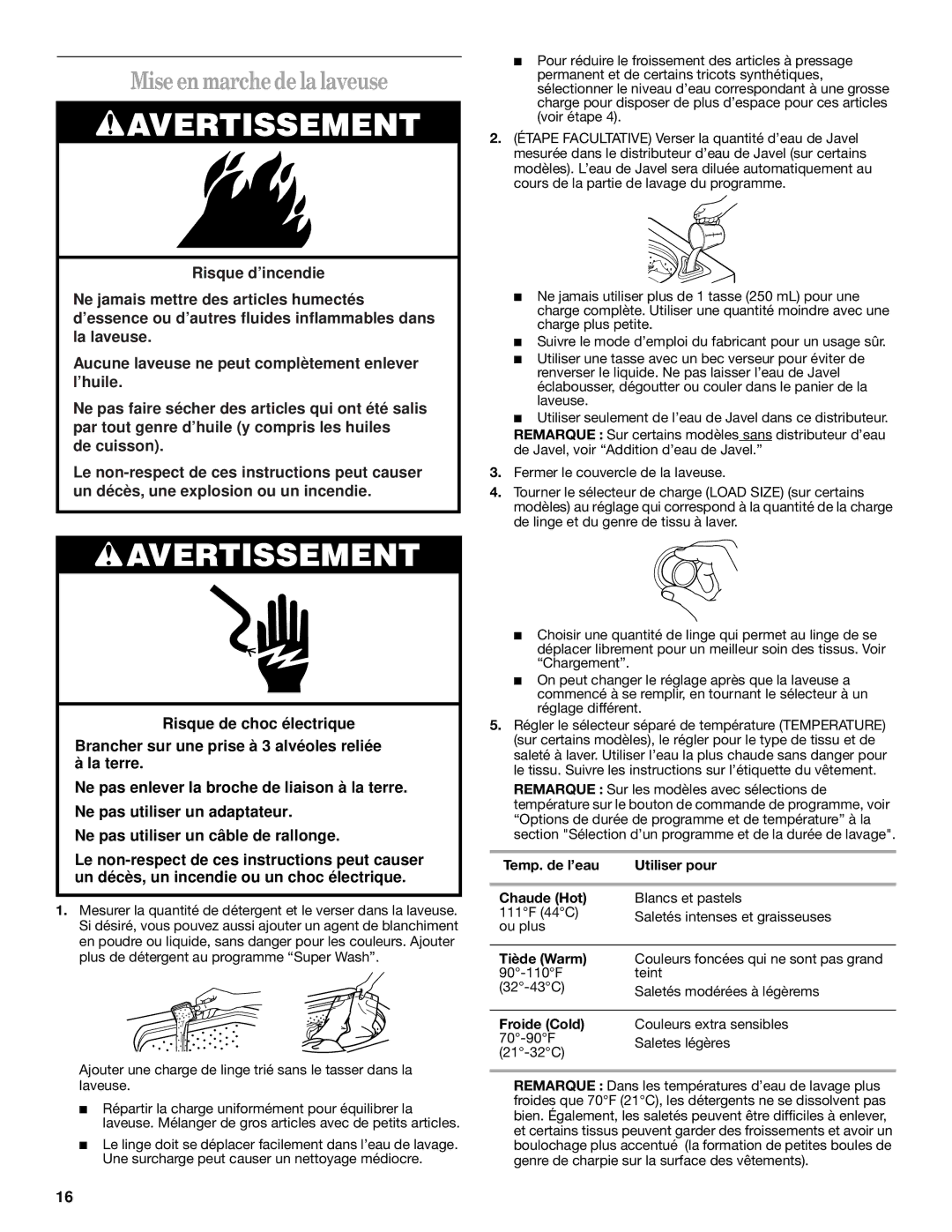 Inglis Home Appliances ONE SPEED AUTOMATIC WASHER Mise en marchede la laveuse, Temp. de l’eau Utiliser pour Chaude Hot 