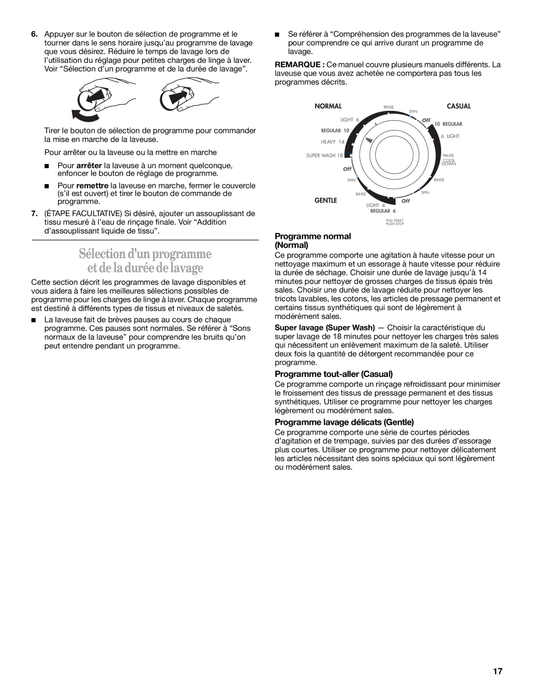 Inglis Home Appliances ONE SPEED AUTOMATIC WASHER manual Sélection d’un programme Et de la durée de lavage 