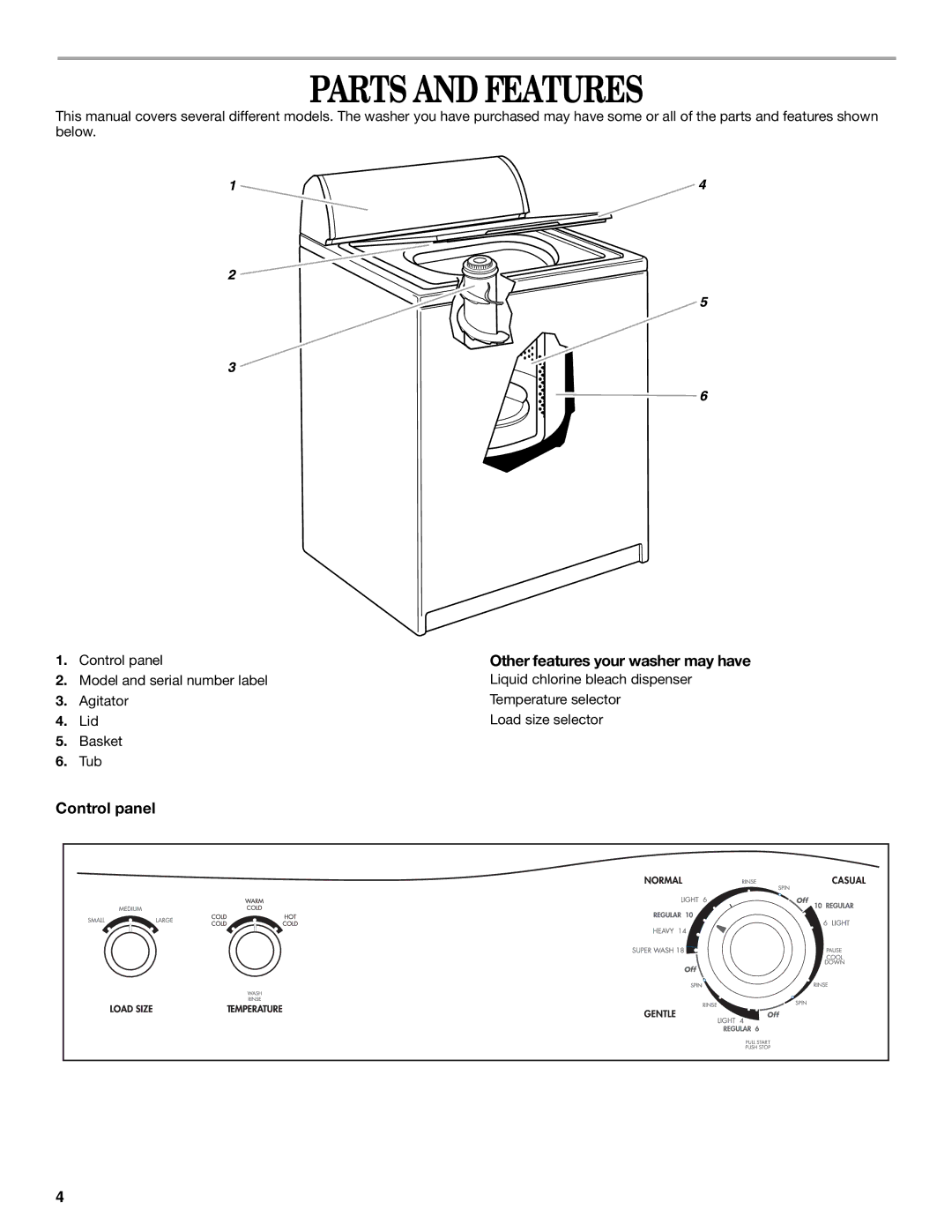 Inglis Home Appliances ONE SPEED AUTOMATIC WASHER Parts and Features, Control panel, Other features your washer may have 