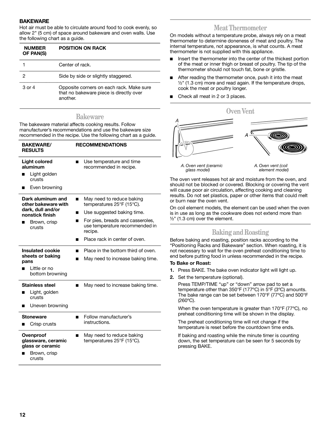 Inglis Home Appliances Range, 9761806 manual MeatThermometer, Bakeware, Oven Vent, BakingandRoasting 