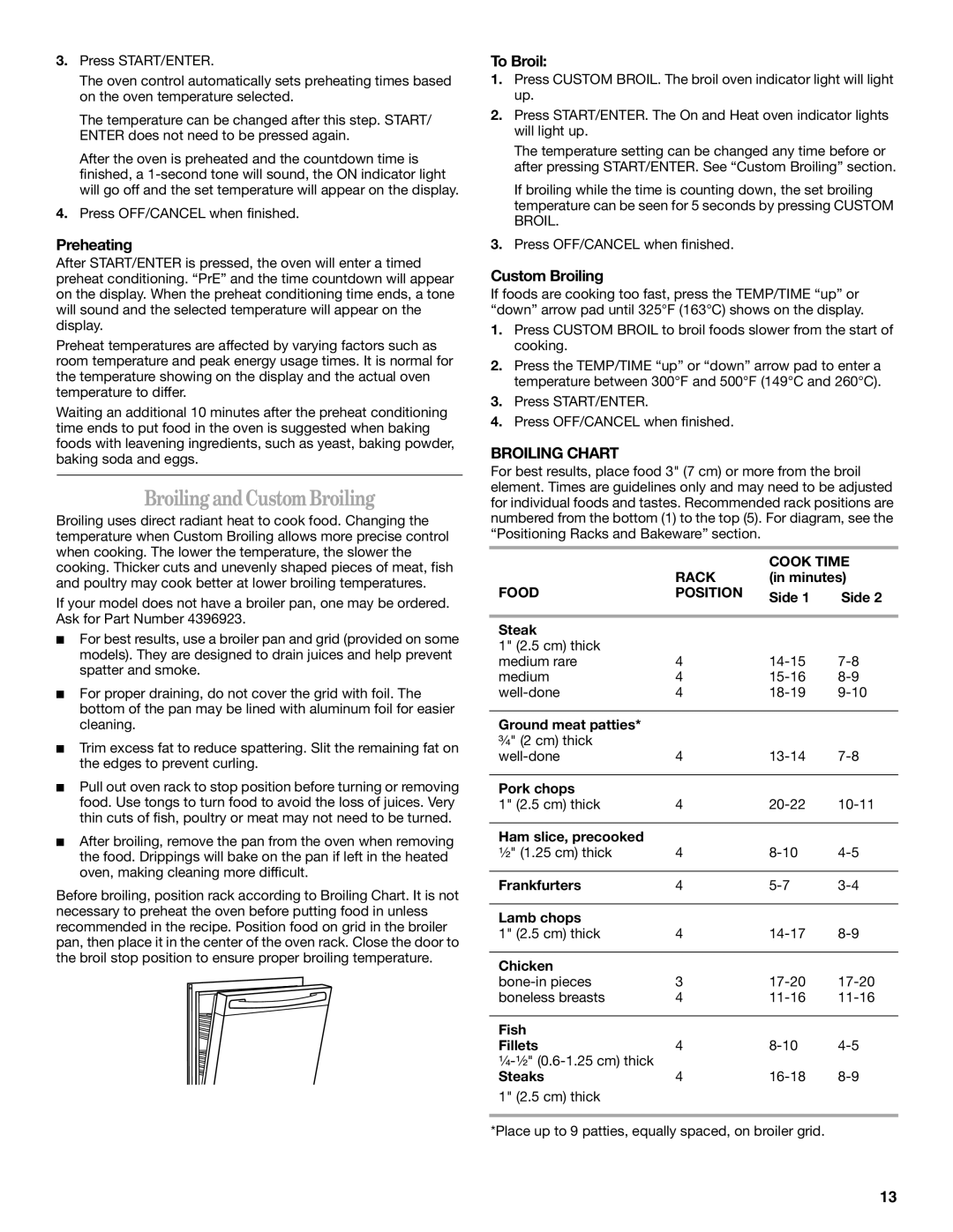 Inglis Home Appliances 9761806, Range Broiling andCustomBroiling, Preheating, To Broil, Custom Broiling, Broiling Chart 