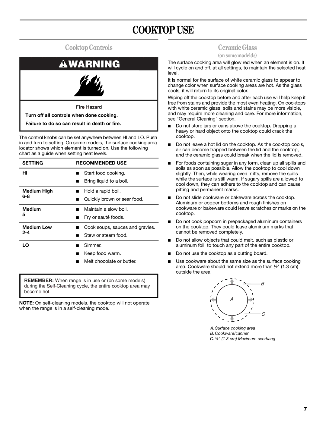 Inglis Home Appliances 9761806, Range manual Cooktop USE, CooktopControls, CeramicGlass, Setting Recommended USE 