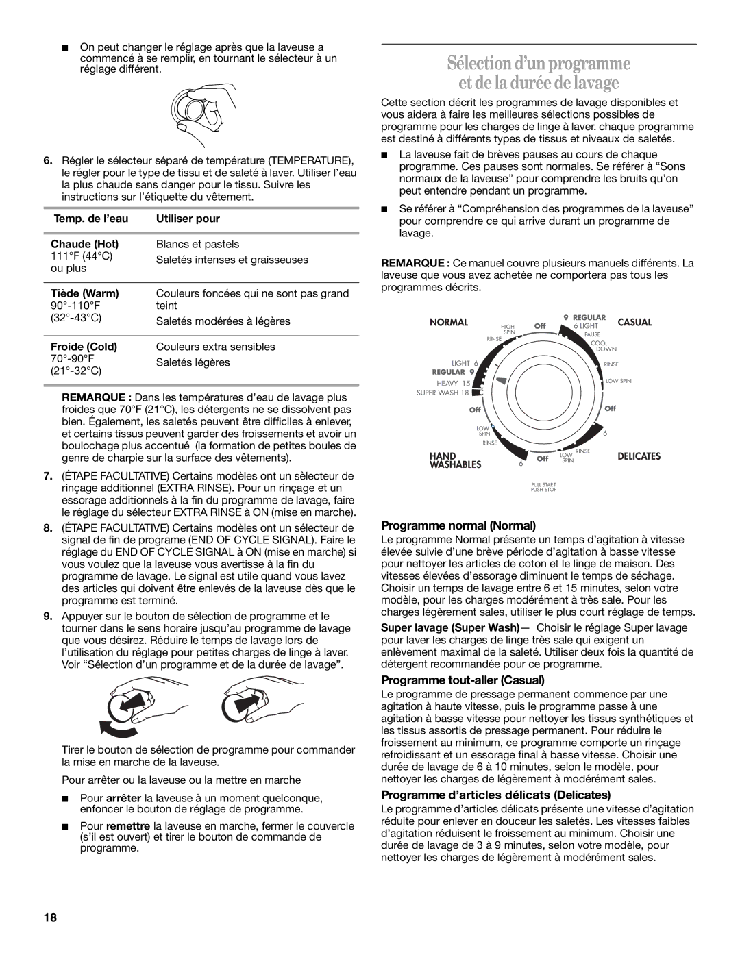 Inglis Home Appliances TWO SPEED AUTOMATIC WASHERS manual Sélection d’un programme Et de la durée de lavage 