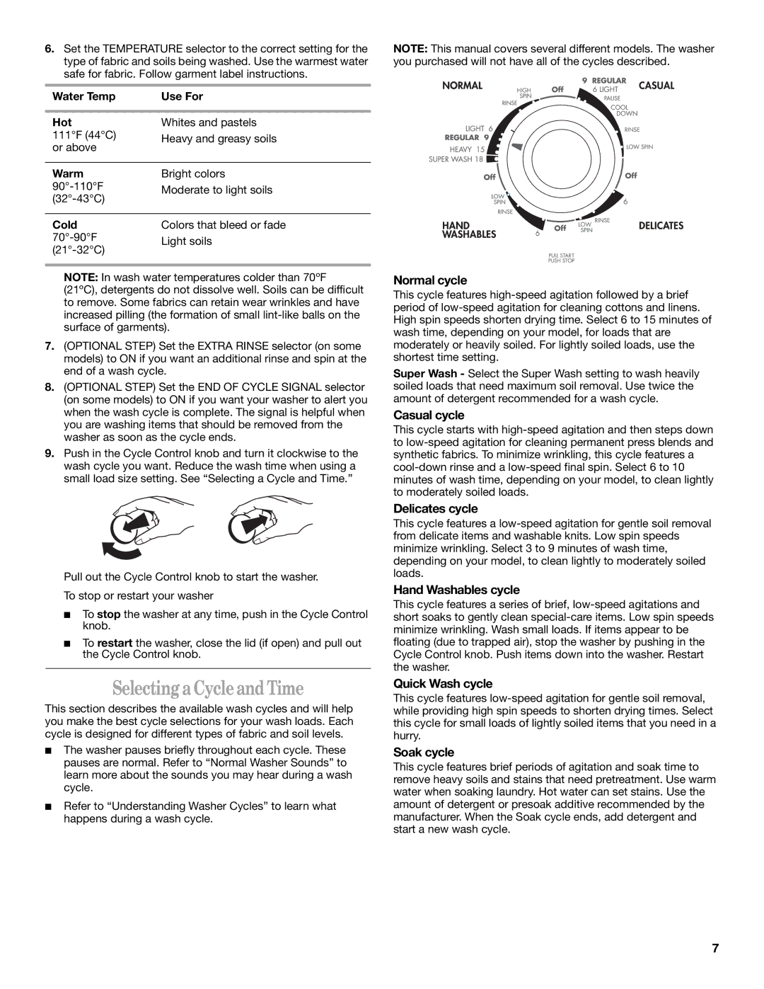 Inglis Home Appliances TWO SPEED AUTOMATIC WASHERS manual Selecting a Cycle and Time 