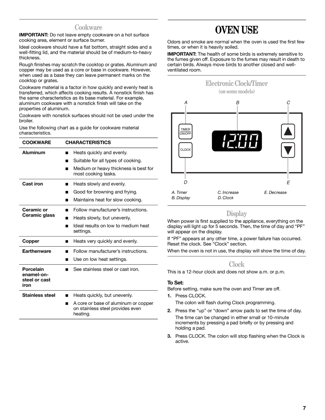 Inglis Home Appliances W10017680 manual Oven USE, Cookware, Electronic Clock/Timer, Display 