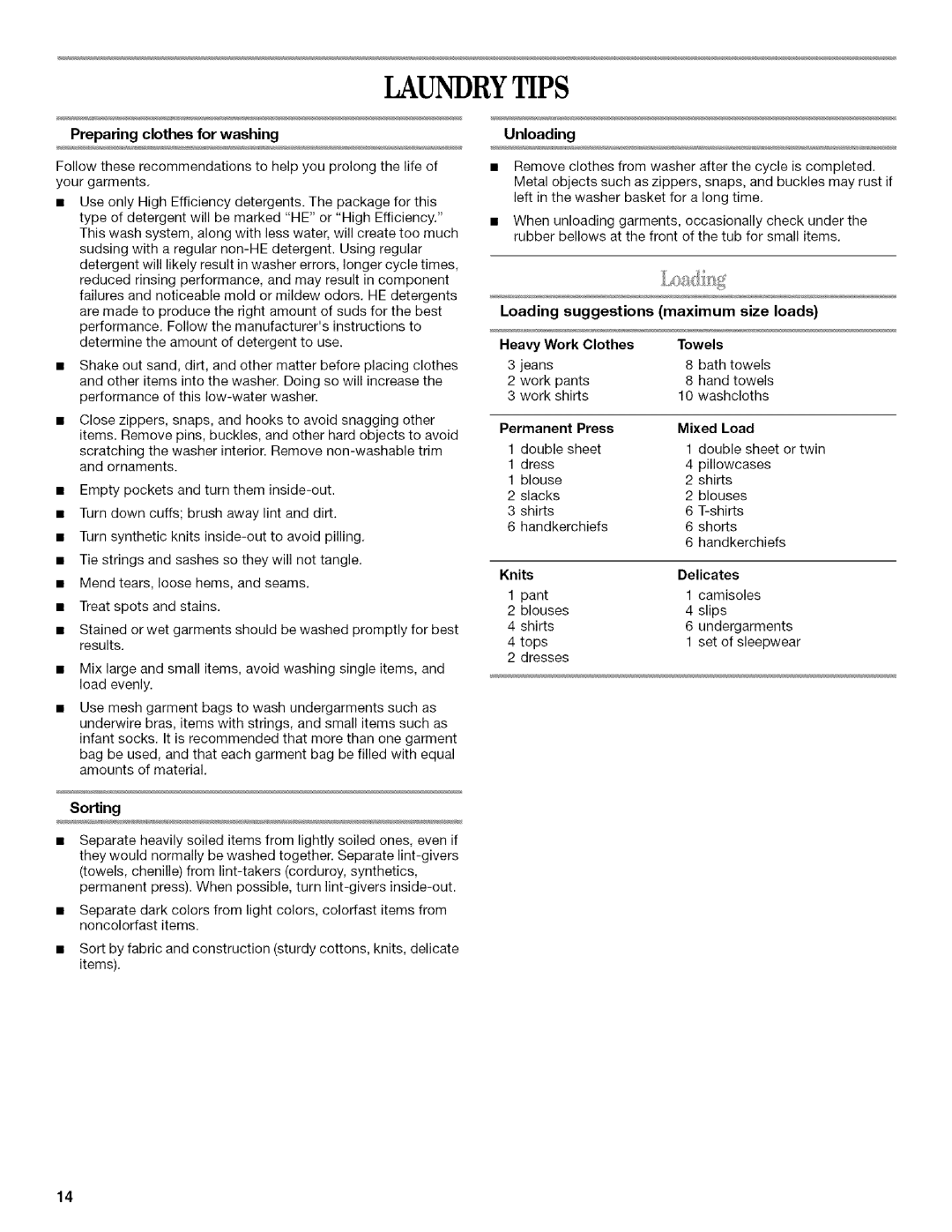 Inglis Home Appliances Washer manual Laundrytips, Preparing clothes for washing, Sorting, Unloading 