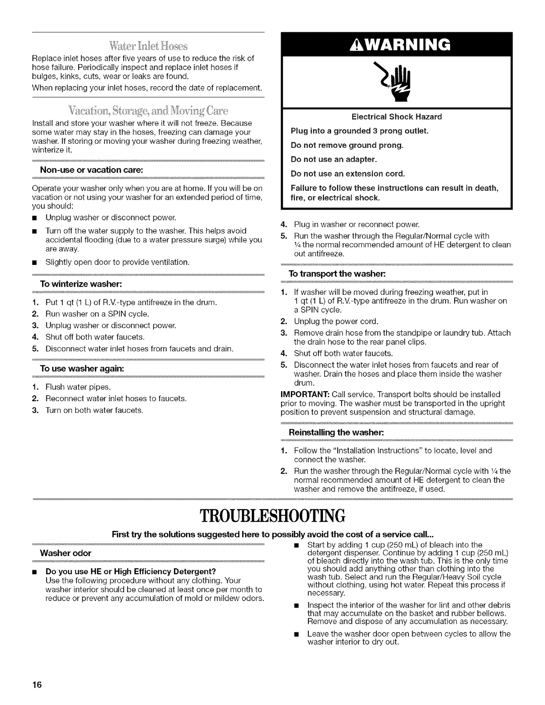 Inglis Home Appliances Washer manual Troubleshooting, To transport the washer, Reinstalling the washer 