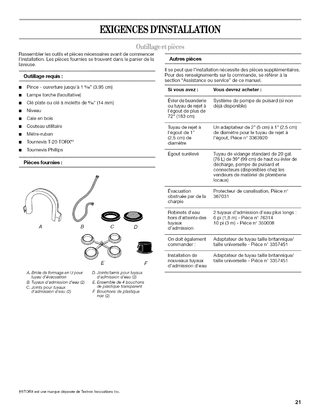 Inglis Home Appliances Washer manual Ekigencesdinstallation, Pices fournies, Si vous avez Vous devrez Acheter 