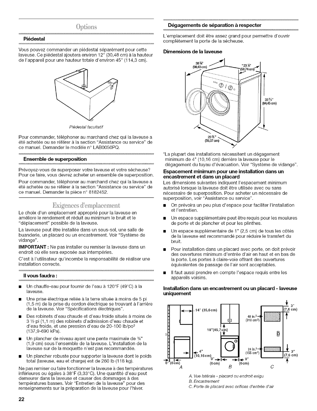 Inglis Home Appliances Washer manual Ensemble de superposition, II vous faudra, Dimensions de la laveuse 