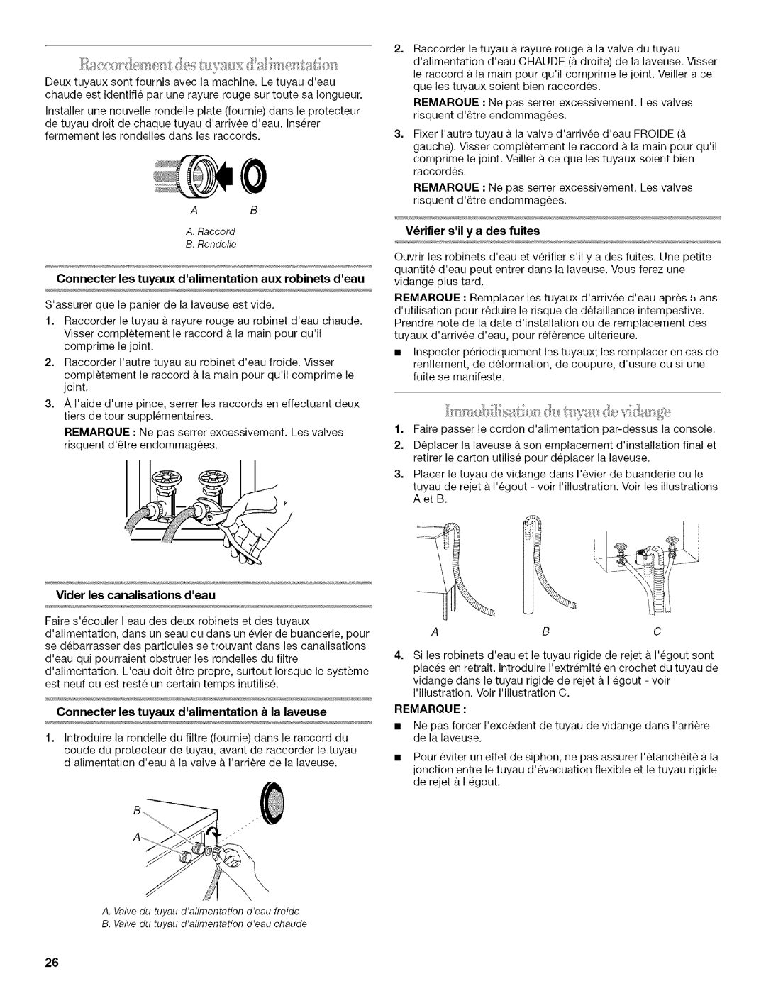 Inglis Home Appliances Washer Connecter les tuyaux dalimentationaux robinets deau, Vider les canalisations deau, Remarque 