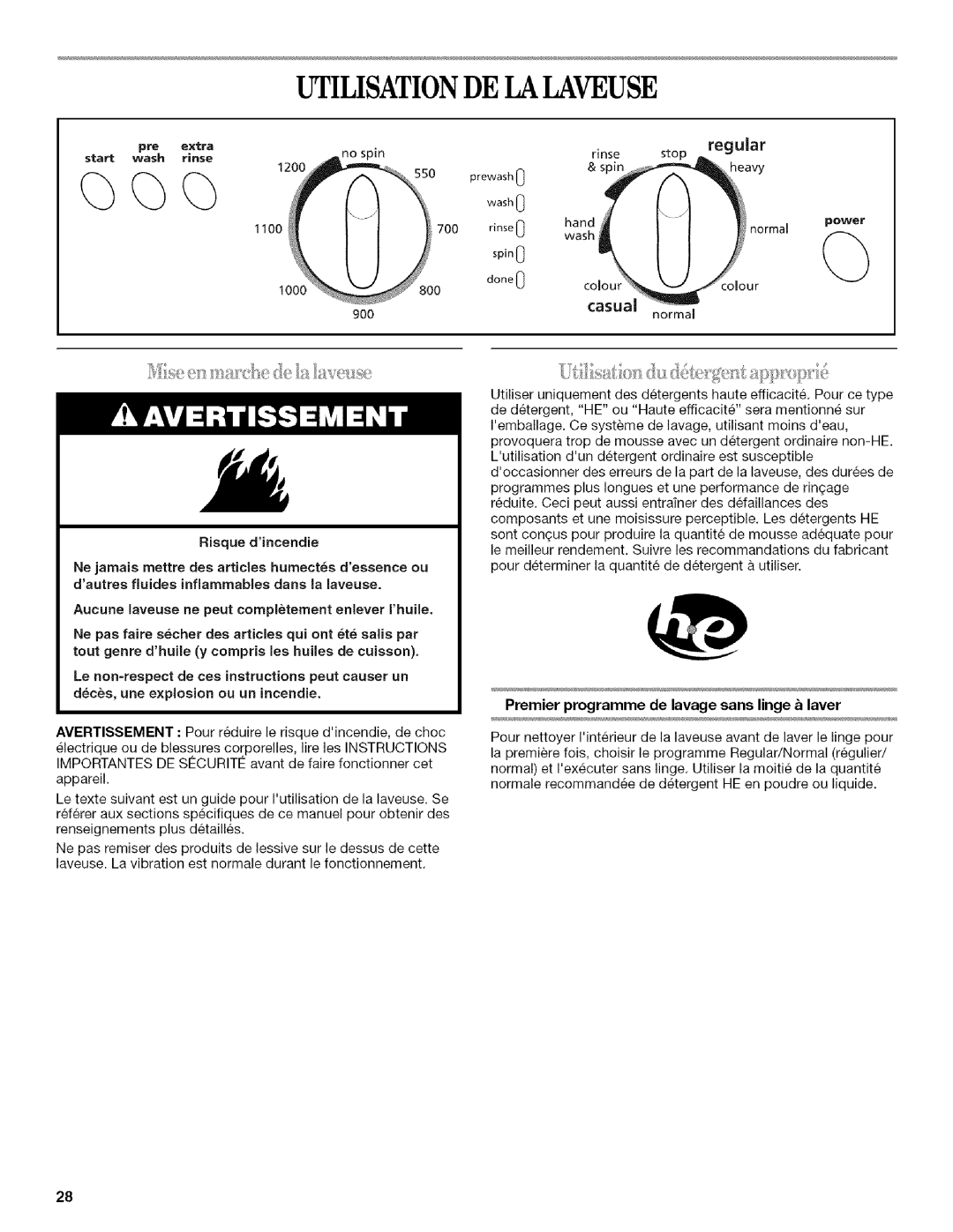 Inglis Home Appliances Washer manual Utilisationde Lalaveuse, Start wash, Risque dincendie 