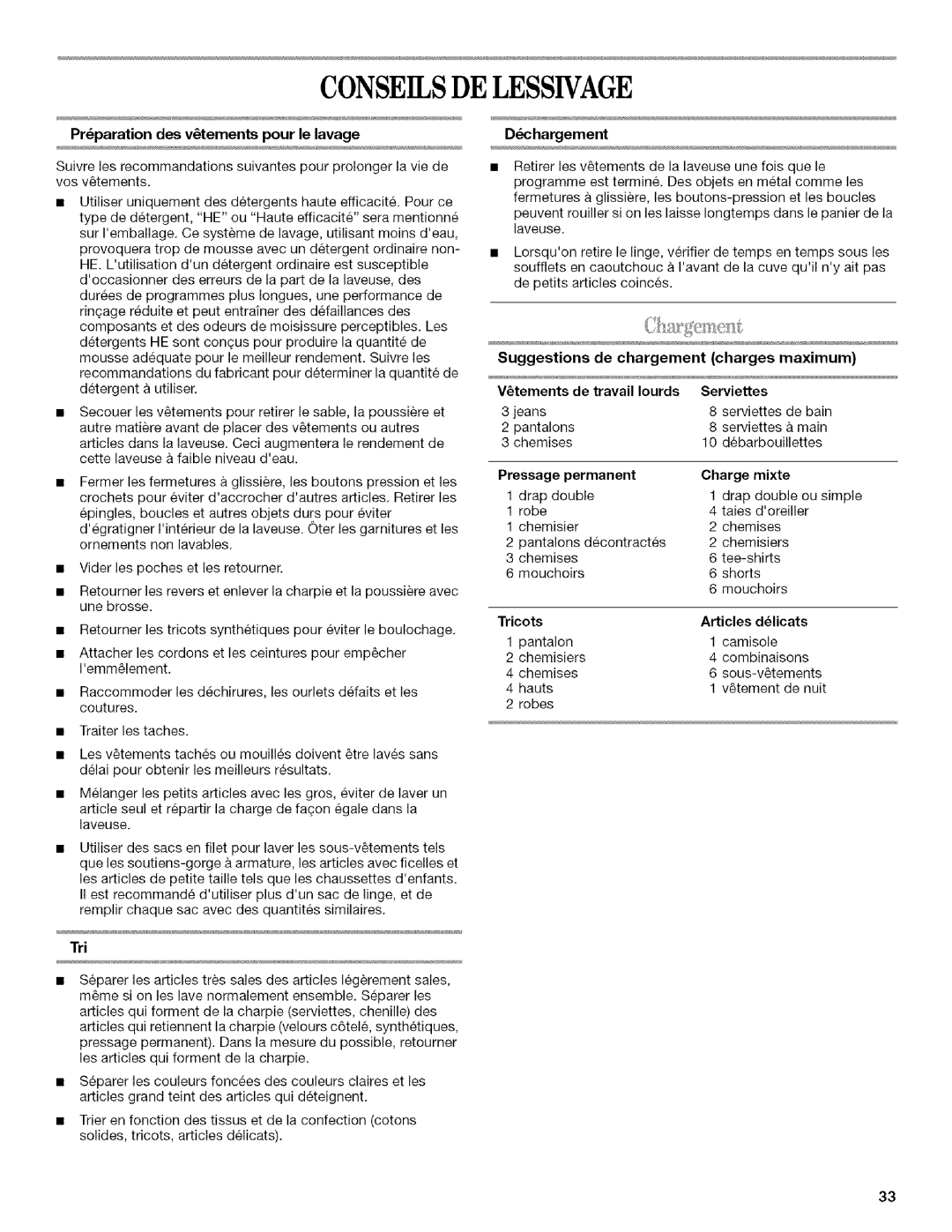 Inglis Home Appliances Washer manual Conseilsdelessivage, Preparation des vtements pour le lavage, Dchargement 