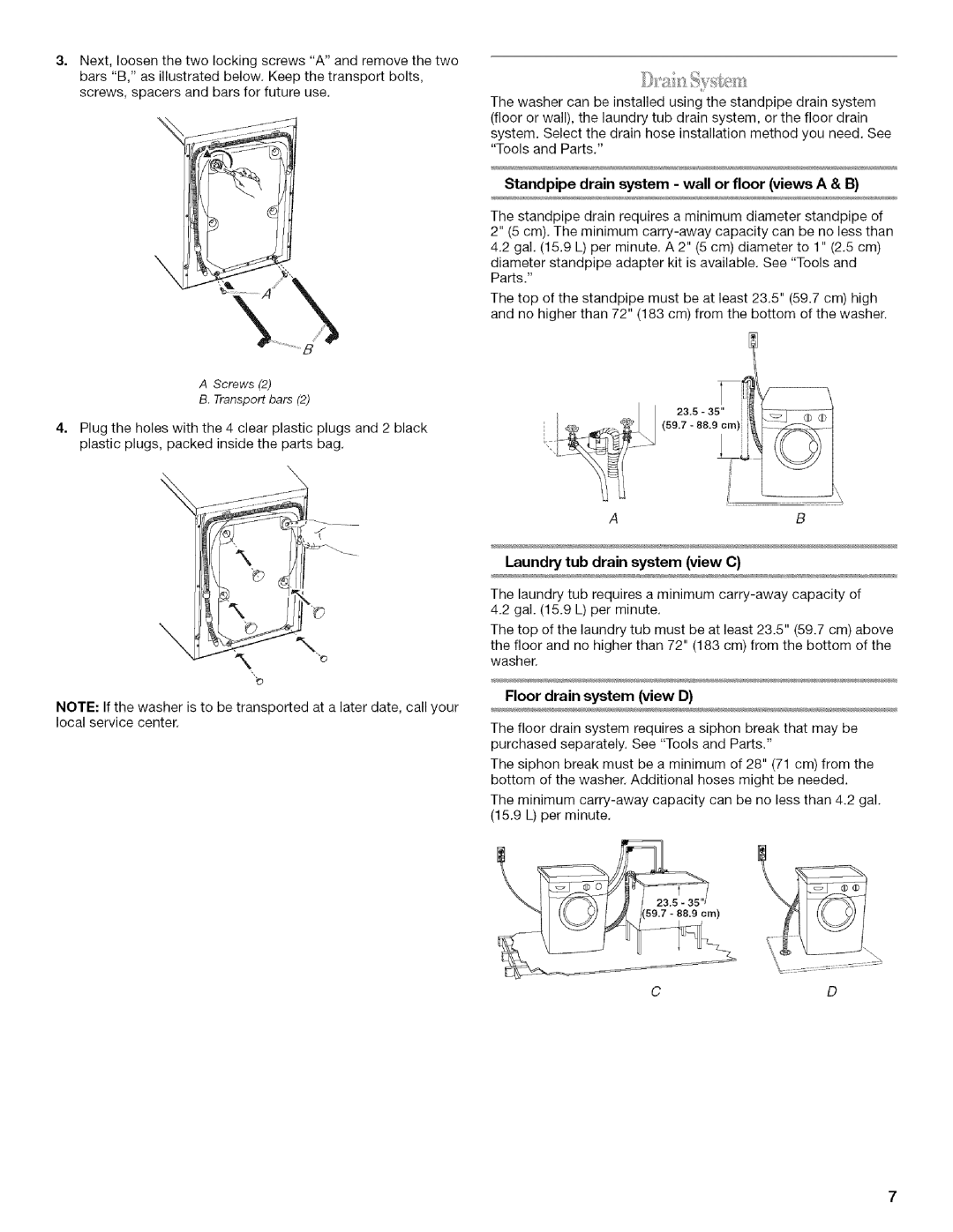 Inglis Home Appliances Washer manual Standpipe drain system wall or floor views a & B, Laundry tub drain system view C 